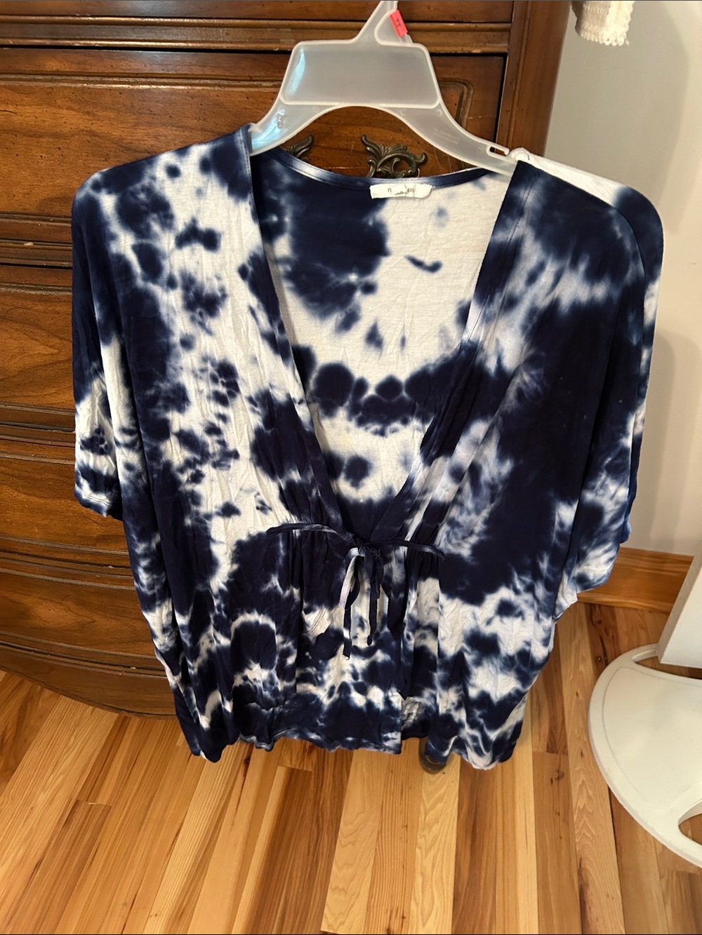 Maurices Navy & White Tie-Dye V-Neck Drawstring Blouse